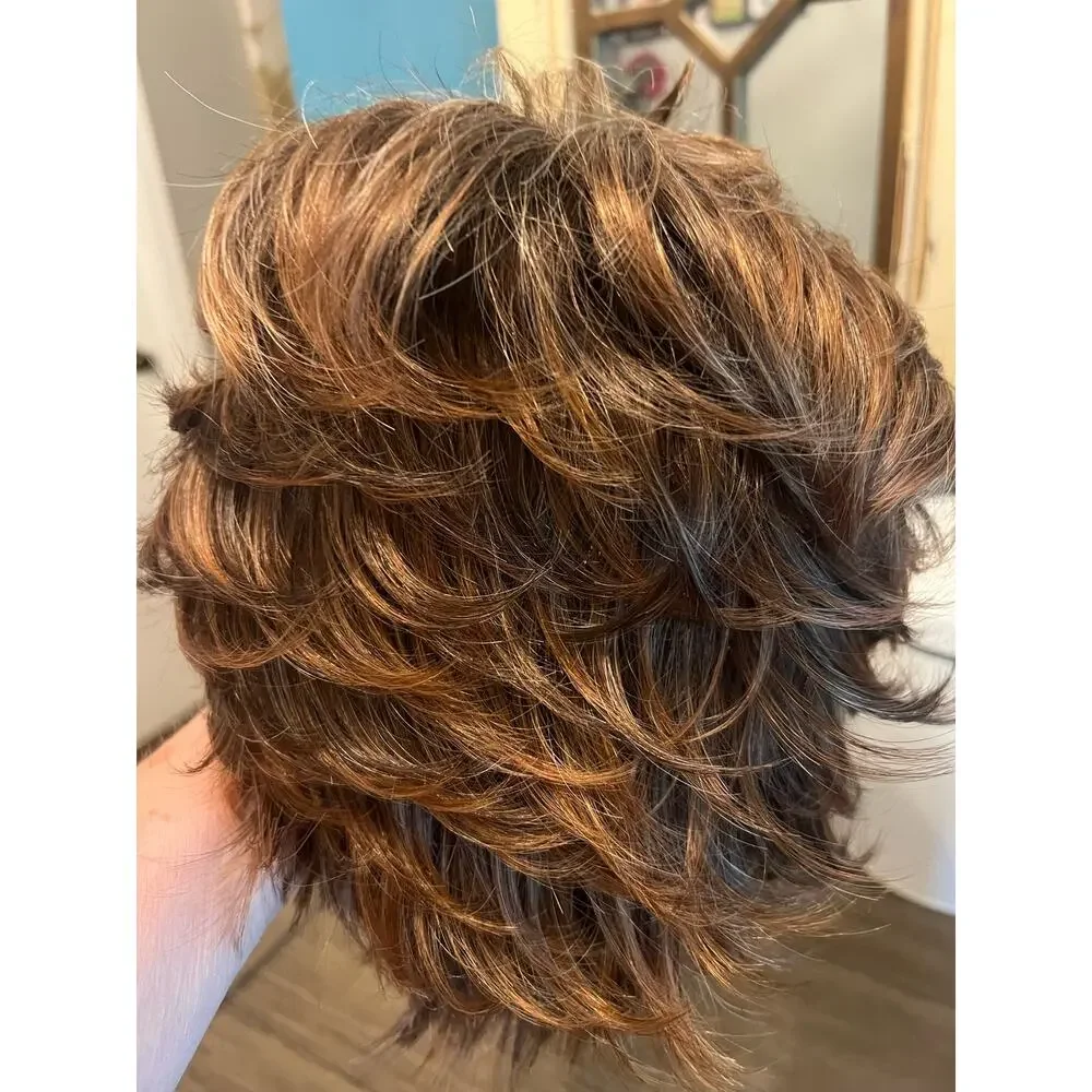 Women’s Elite Layered Short Shag Wig.  Multi Faceted Browns and Highlights.  B14